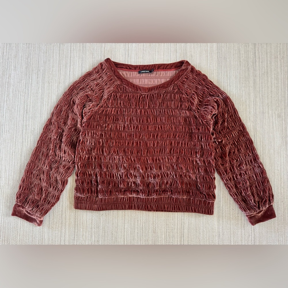 Love Sam Astrid smocked‎ velvet silk boho blouse top brown long sleeve women’s M